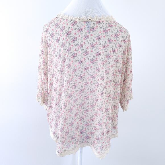 Free People Floral Semisheer Blouse Small, Tan Pink Flowers, Crochet Trim, Boho - Picture 3 of 10